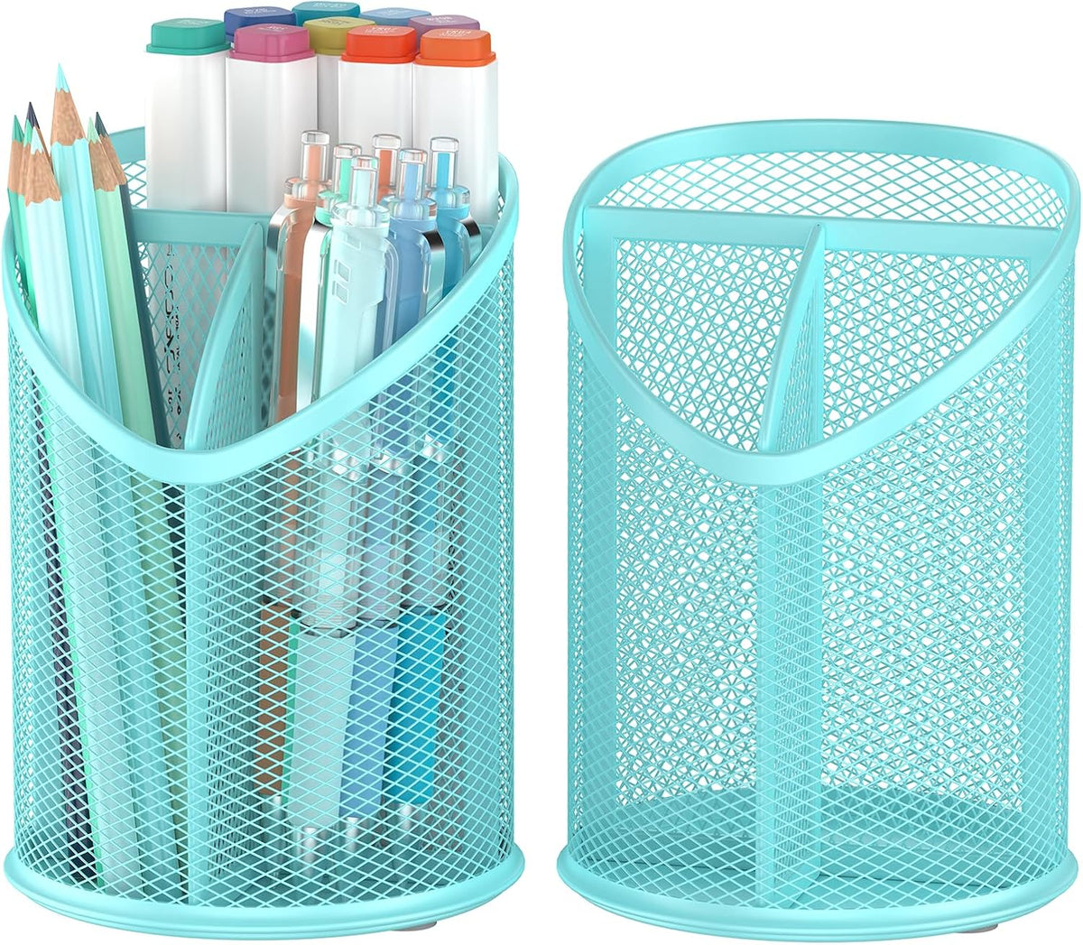 2 Pack Pen Holder Mesh Round Pencil Holder 3 Compartments, Black