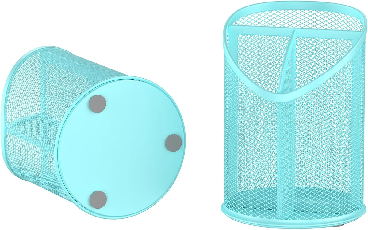 2 Pack Pen Holder Mesh Round Pencil Holder 3 Compartments, Black