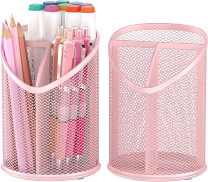 2 Pack Pen Holder Mesh Round Pencil Holder 3 Compartments, Black