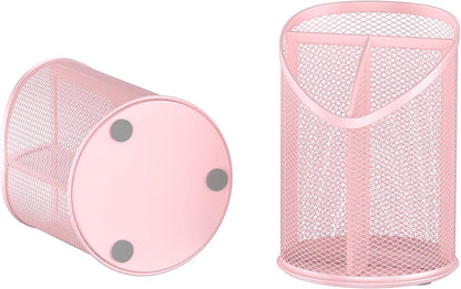 2 Pack Pen Holder Mesh Round Pencil Holder 3 Compartments, Black