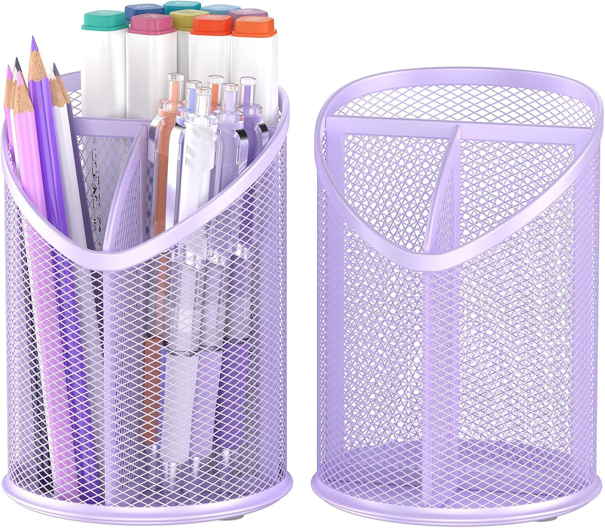 2 Pack Pen Holder Mesh Round Pencil Holder 3 Compartments, Black