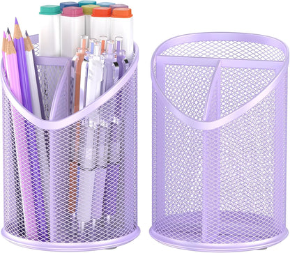 2 Pack Pen Holder Mesh Round Pencil Holder 3 Compartments, Black