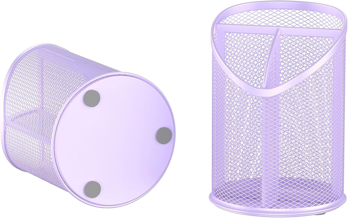 2 Pack Pen Holder Mesh Round Pencil Holder 3 Compartments, Black
