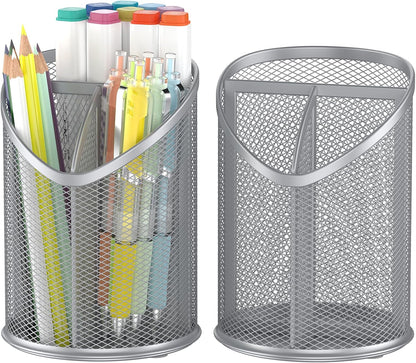 2 Pack Pen Holder Mesh Round Pencil Holder 3 Compartments, Black