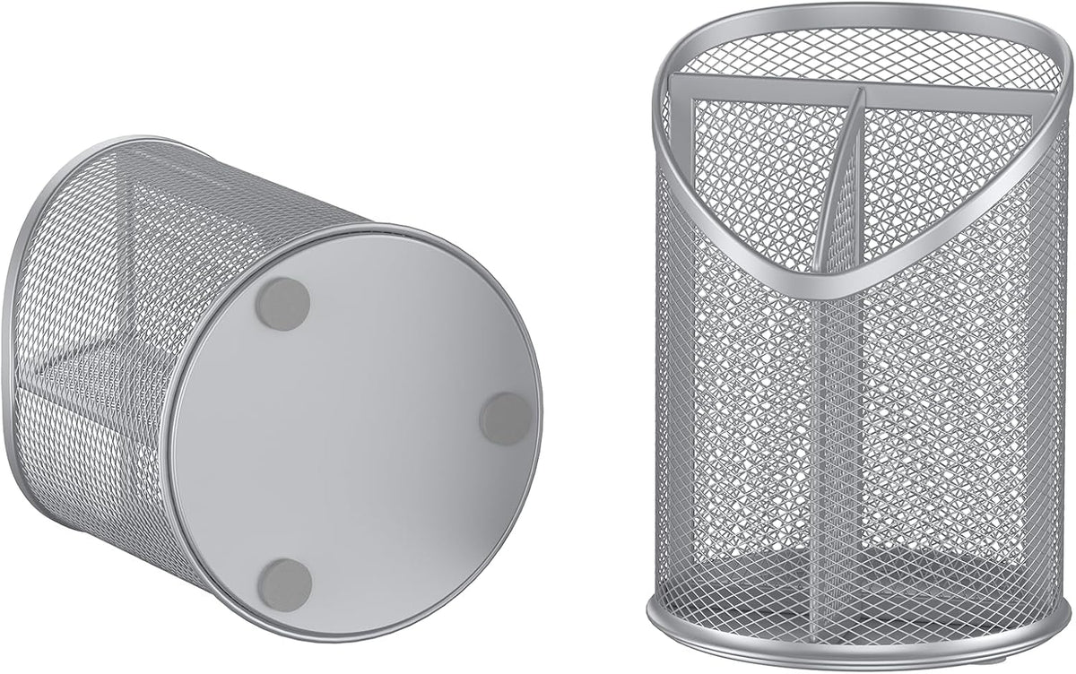 2 Pack Pen Holder Mesh Round Pencil Holder 3 Compartments, Black