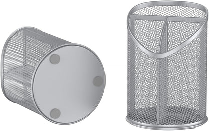 2 Pack Pen Holder Mesh Round Pencil Holder 3 Compartments, Black