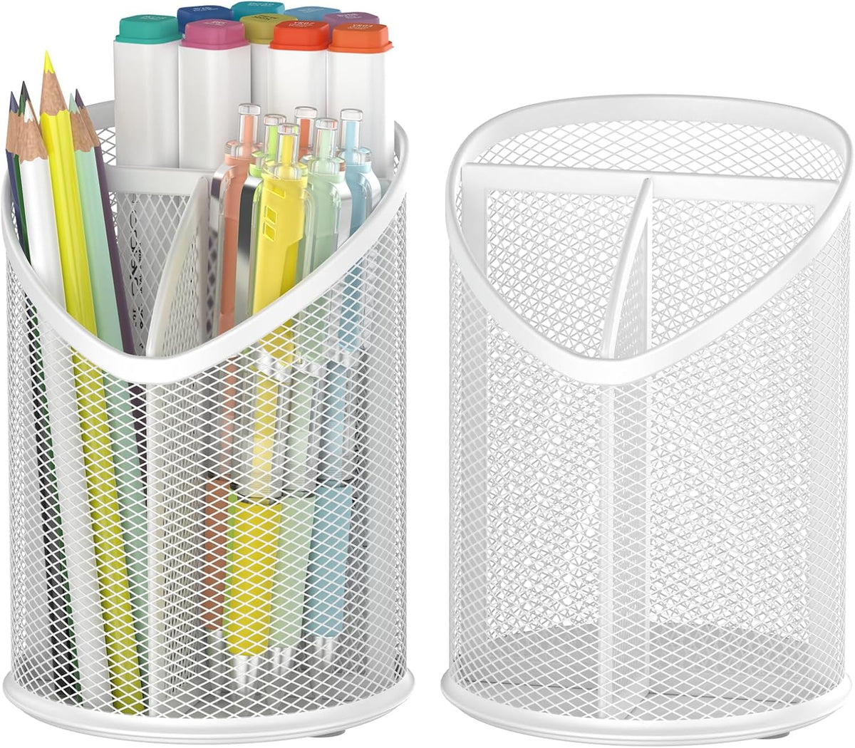 2 Pack Pen Holder Mesh Round Pencil Holder 3 Compartments, Black
