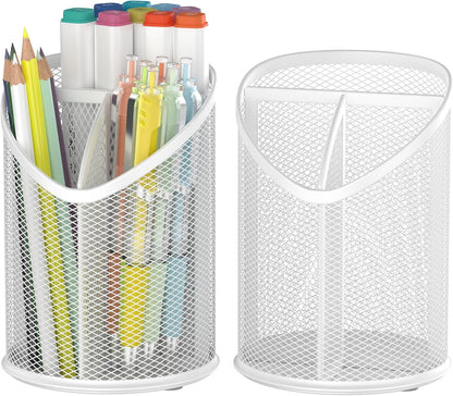 2 Pack Pen Holder Mesh Round Pencil Holder 3 Compartments, Black