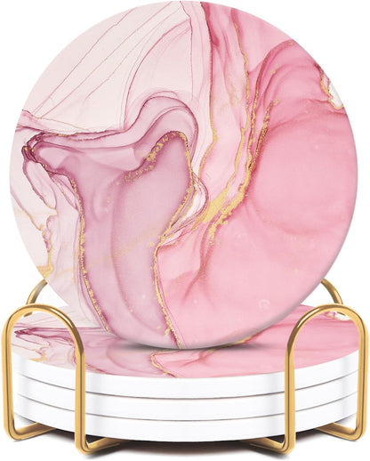 Cute Pink Absorbent Coasters Set of 4, Ceramic Coasters with Gold Holder