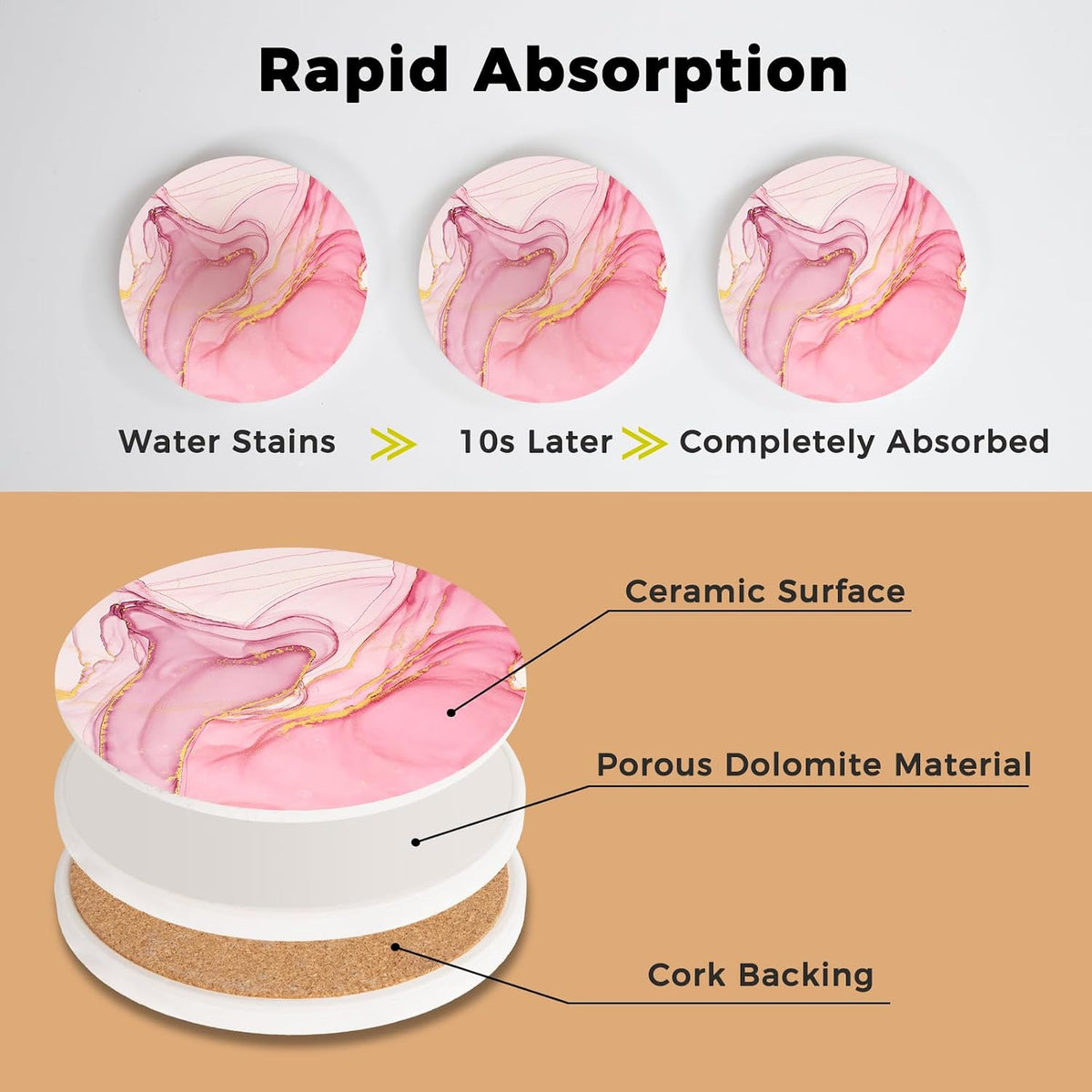 Cute Pink Absorbent Coasters Set of 4, Ceramic Coasters with Gold Holder