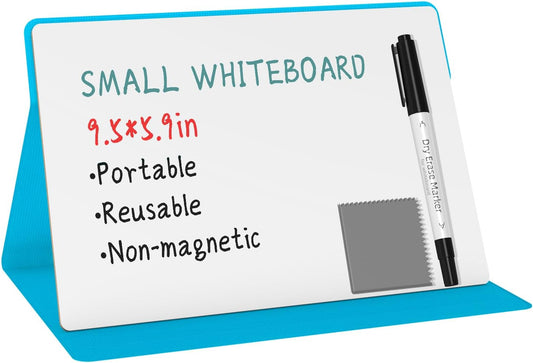 Portable Small White Board,Reusable Dry Erase Board with Stand,Desktop Whiteboard for Office Meeting Bussiness Home 9" x 6" with Marker, Wipe Cloth (Blue)