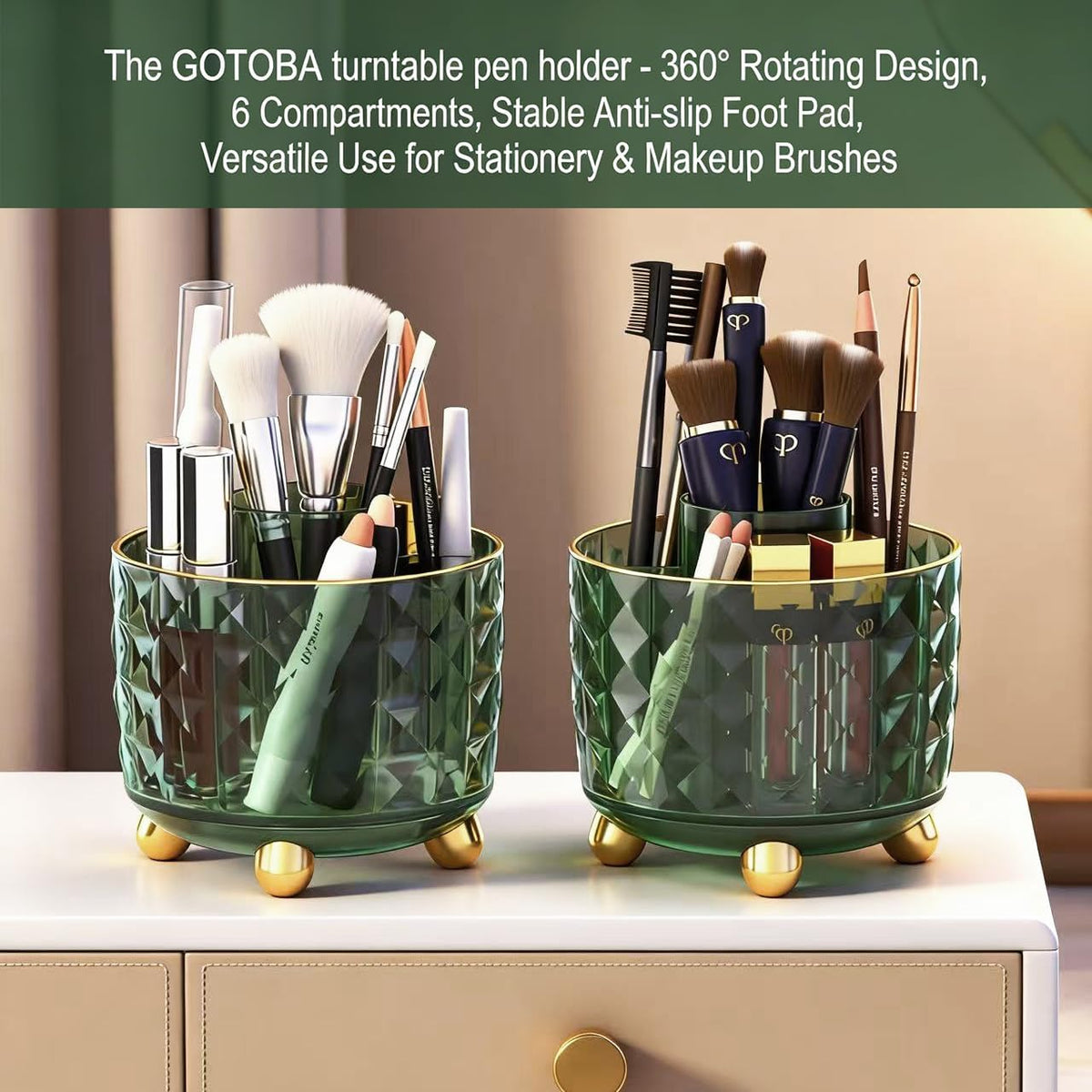 Dark Green Pen Pencil Holder for Desk, 360° Rotating Pen Organizer, Green Office Supplies, Cute Pen Holder, 6-Compartment Pencil Holder Rotating
