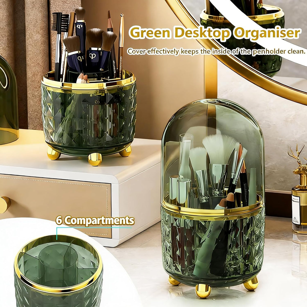 Dark Green Pen Pencil Holder for Desk, 360° Rotating Pen Organizer, Green Office Supplies, Cute Pen Holder, 6-Compartment Pencil Holder Rotating