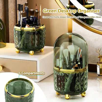 Dark Green Pen Pencil Holder for Desk, 360° Rotating Pen Organizer, Green Office Supplies, Cute Pen Holder, 6-Compartment Pencil Holder Rotating