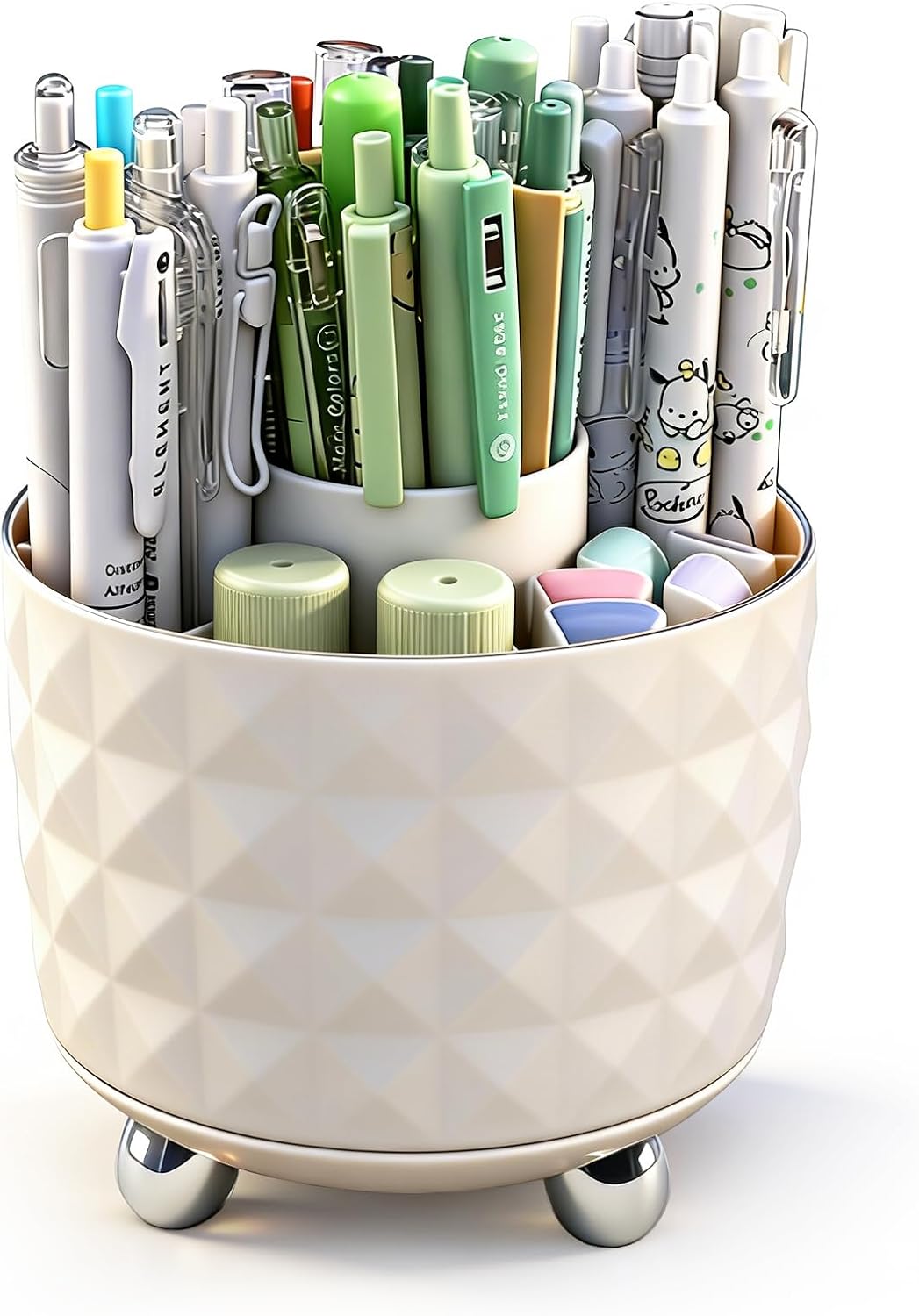 Dark Green Pen Pencil Holder for Desk, 360° Rotating Pen Organizer, Green Office Supplies, Cute Pen Holder, 6-Compartment Pencil Holder Rotating