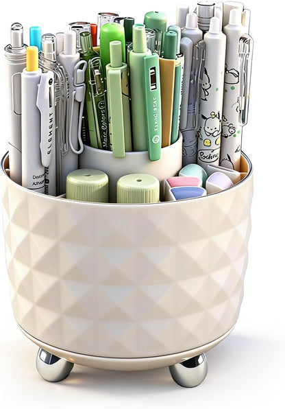 Dark Green Pen Pencil Holder for Desk, 360° Rotating Pen Organizer, Green Office Supplies, Cute Pen Holder, 6-Compartment Pencil Holder Rotating