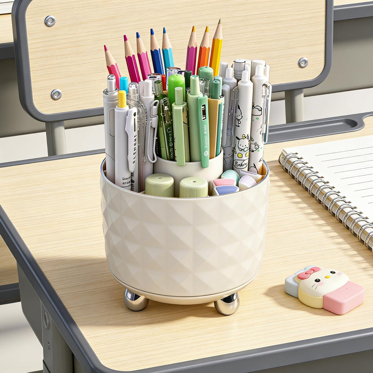 Dark Green Pen Pencil Holder for Desk, 360° Rotating Pen Organizer, Green Office Supplies, Cute Pen Holder, 6-Compartment Pencil Holder Rotating