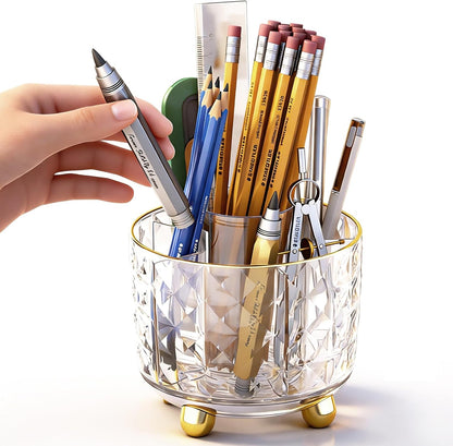 Dark Green Pen Pencil Holder for Desk, 360° Rotating Pen Organizer, Green Office Supplies, Cute Pen Holder, 6-Compartment Pencil Holder Rotating