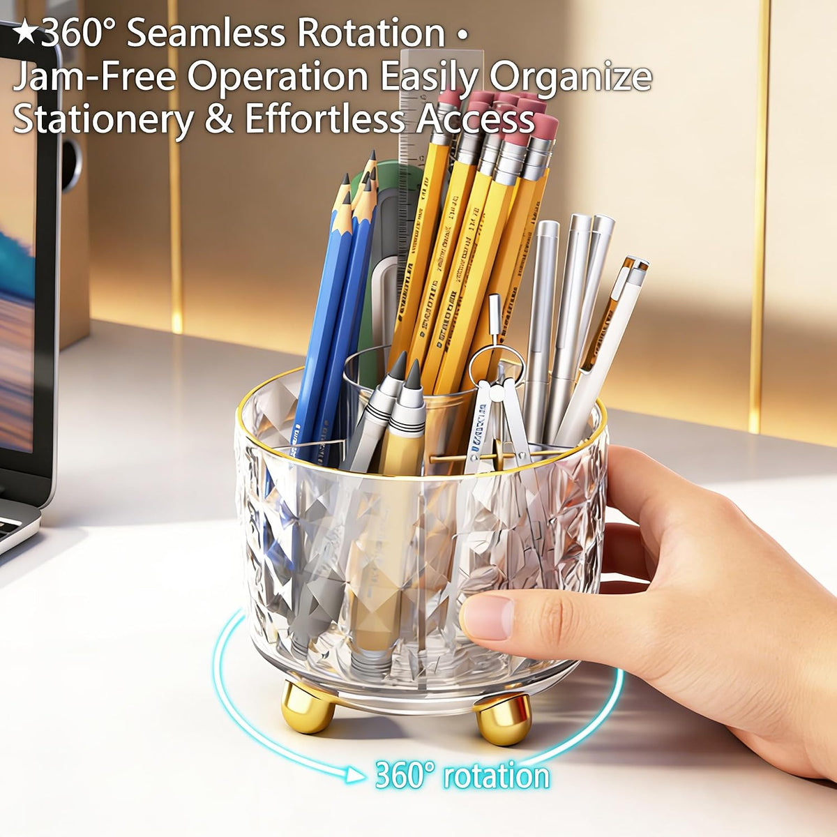 Dark Green Pen Pencil Holder for Desk, 360° Rotating Pen Organizer, Green Office Supplies, Cute Pen Holder, 6-Compartment Pencil Holder Rotating