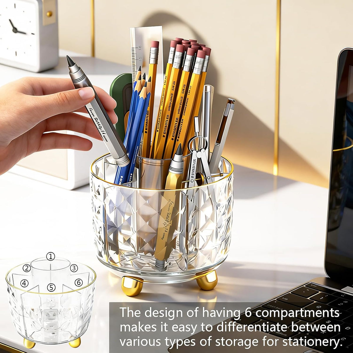 Dark Green Pen Pencil Holder for Desk, 360° Rotating Pen Organizer, Green Office Supplies, Cute Pen Holder, 6-Compartment Pencil Holder Rotating