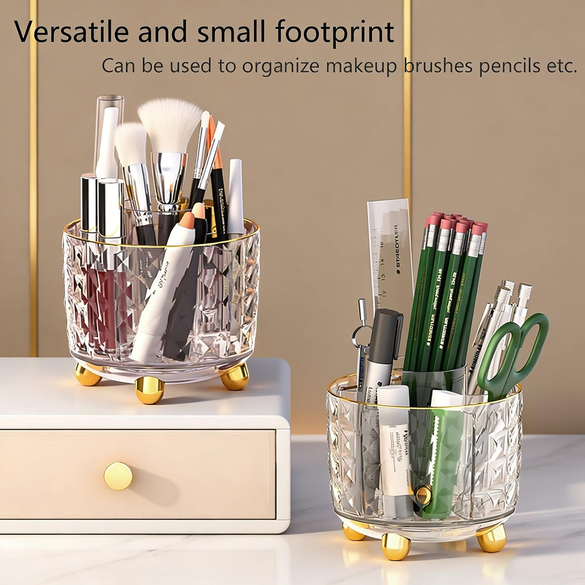 Dark Green Pen Pencil Holder for Desk, 360° Rotating Pen Organizer, Green Office Supplies, Cute Pen Holder, 6-Compartment Pencil Holder Rotating