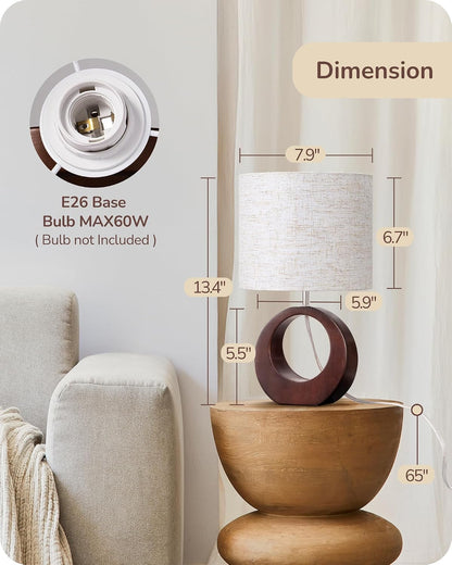 13.4" Small Wood Table Lamp, ON-Off Switch, E26 Base, Bedroom