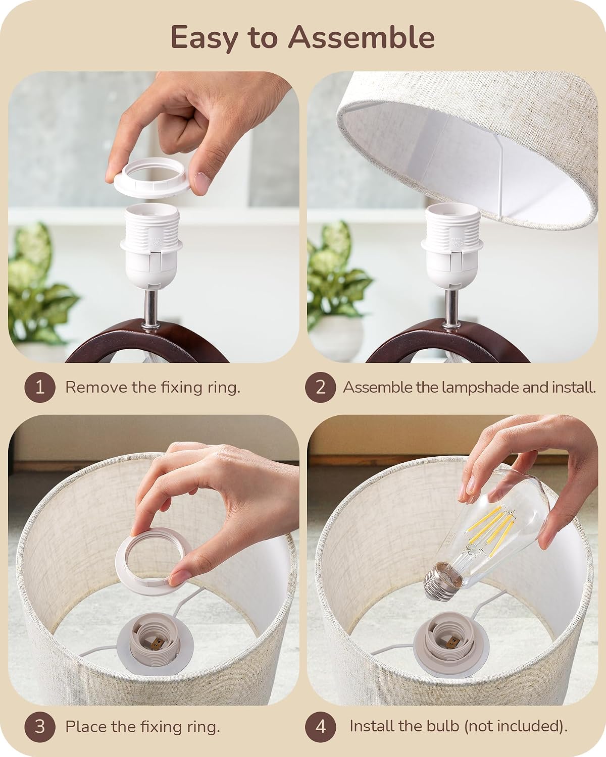 13.4" Small Wood Table Lamp, ON-Off Switch, E26 Base, Bedroom