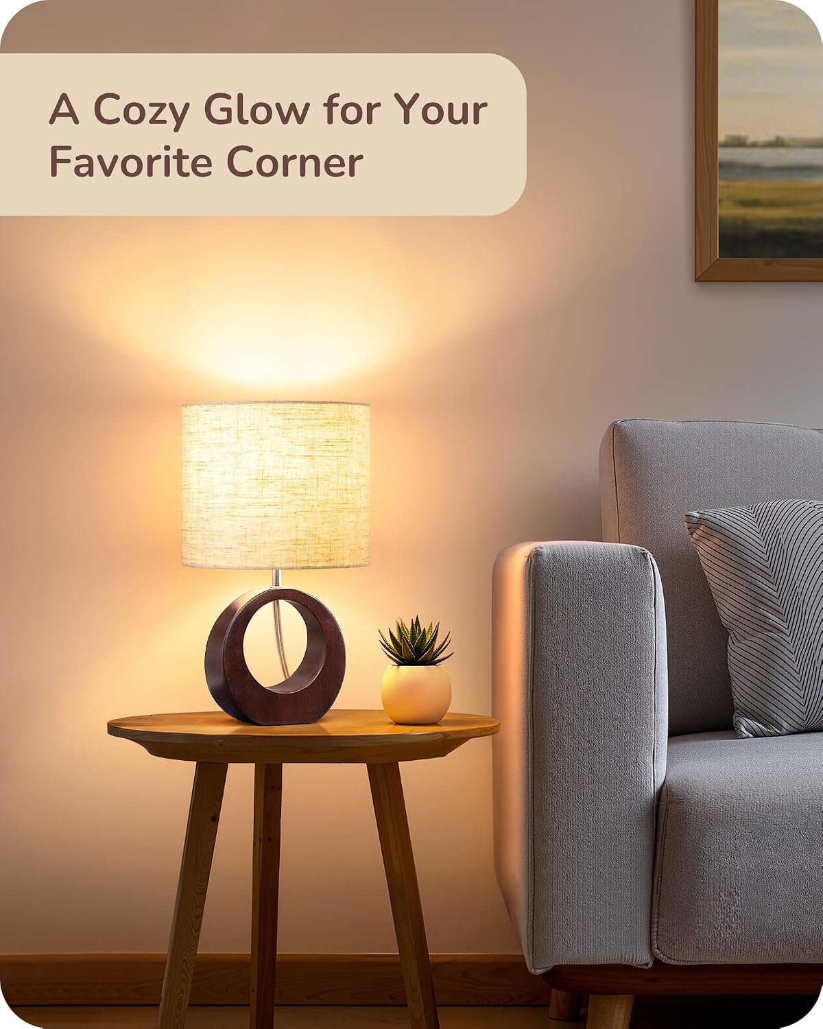13.4" Small Wood Table Lamp, ON-Off Switch, E26 Base, Bedroom
