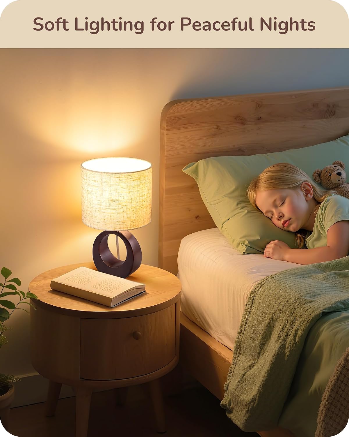 13.4" Small Wood Table Lamp, ON-Off Switch, E26 Base, Bedroom