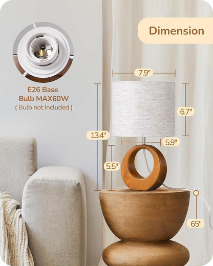 13.4" Small Wood Table Lamp, ON-Off Switch, E26 Base, Bedroom