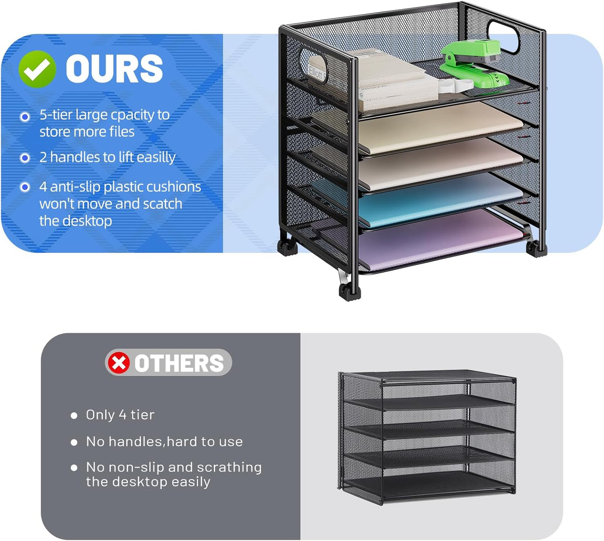 5-Tier Paper Tray Organizer, File Organizer for Desk, Black