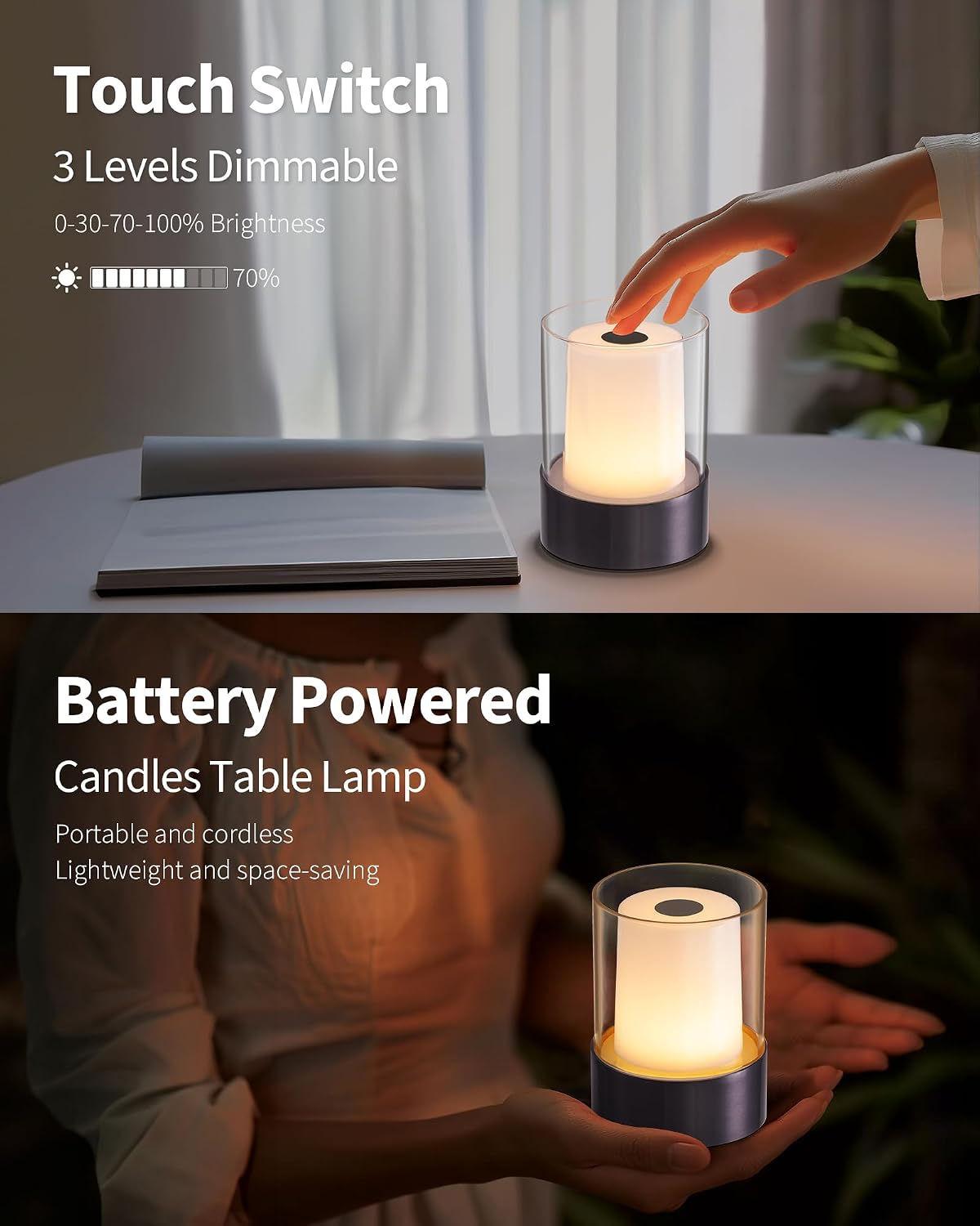 4" Black Cordless Table Lamp Set of 2, Outdoor Rechargeable Lamp