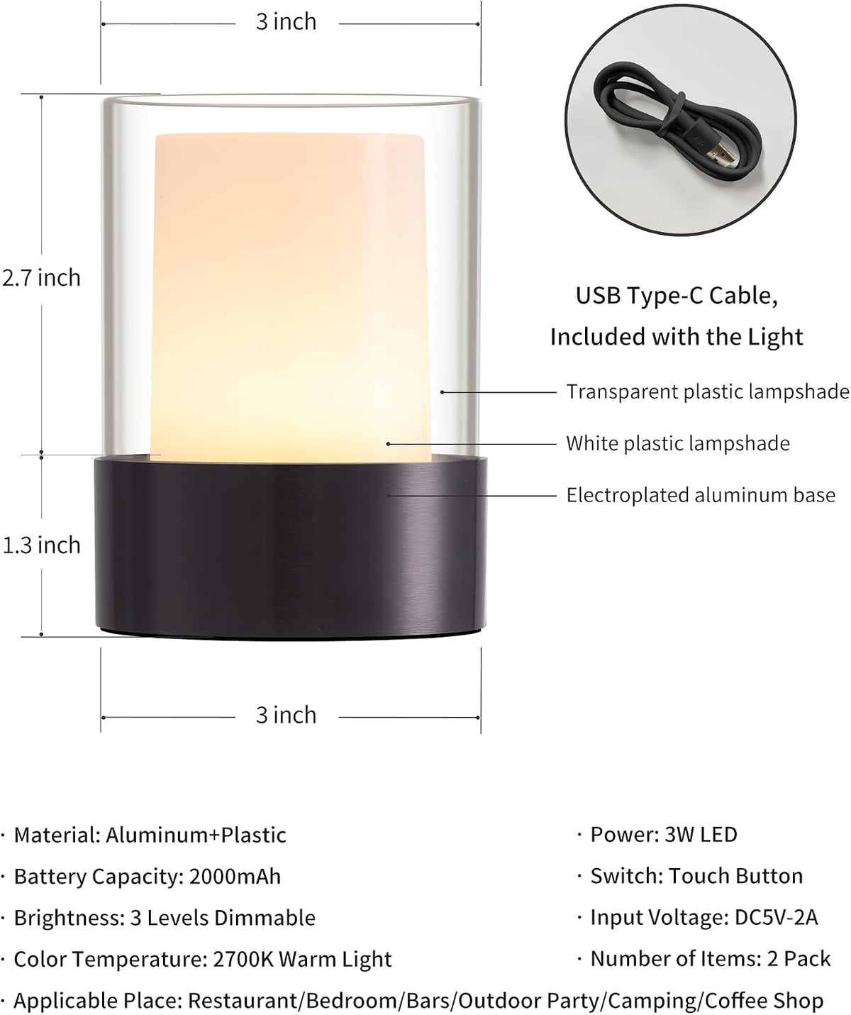 4" Black Cordless Table Lamp Set of 2, Outdoor Rechargeable Lamp