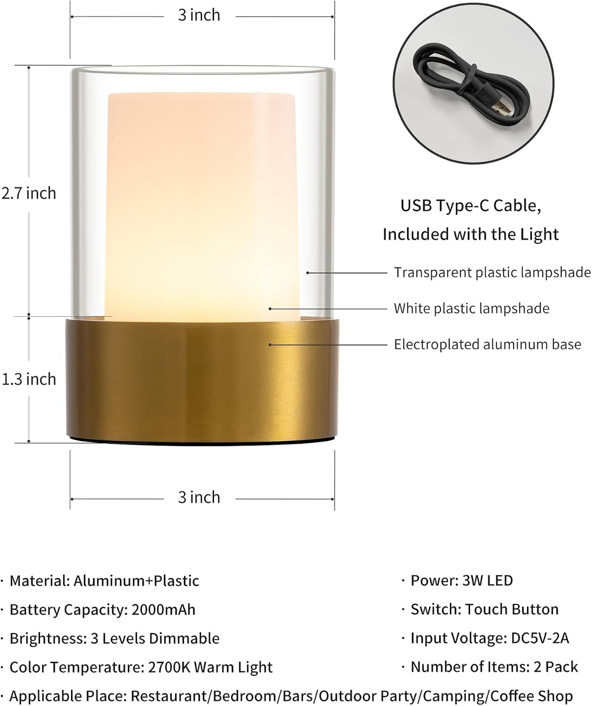 4" Black Cordless Table Lamp Set of 2, Outdoor Rechargeable Lamp