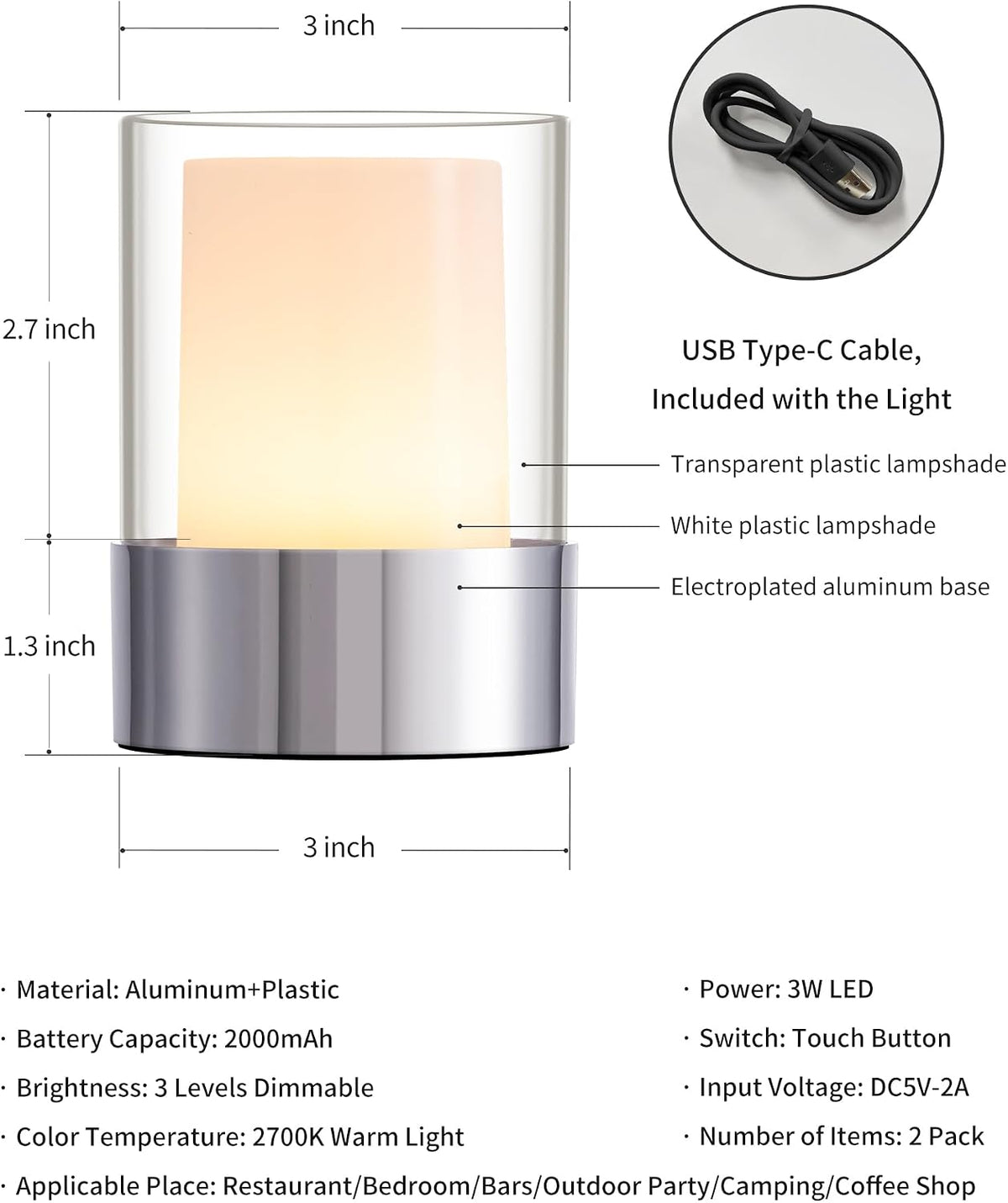 4" Black Cordless Table Lamp Set of 2, Outdoor Rechargeable Lamp