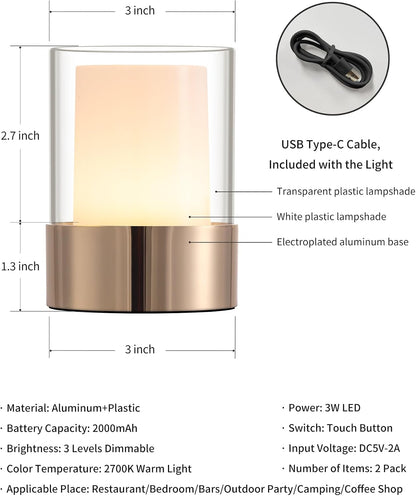 4" Black Cordless Table Lamp Set of 2, Outdoor Rechargeable Lamp