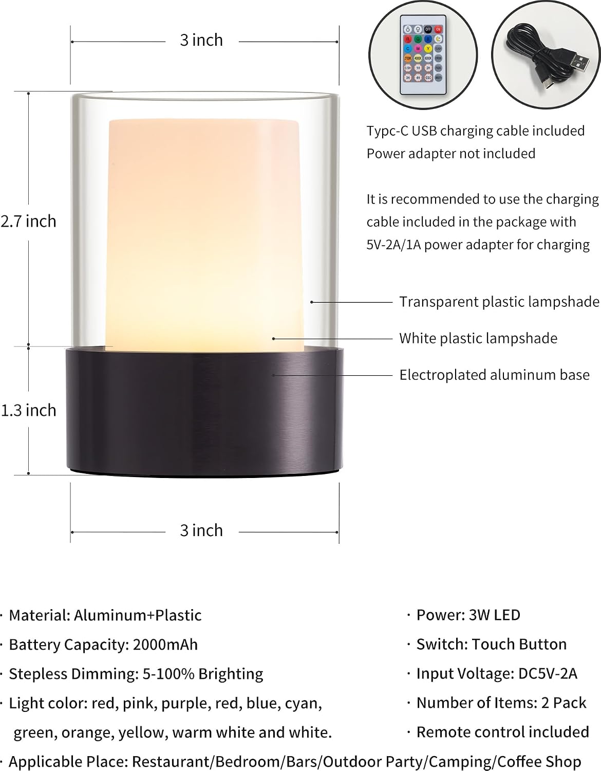 4" Black Cordless Table Lamp Set of 2, Outdoor Rechargeable Lamp