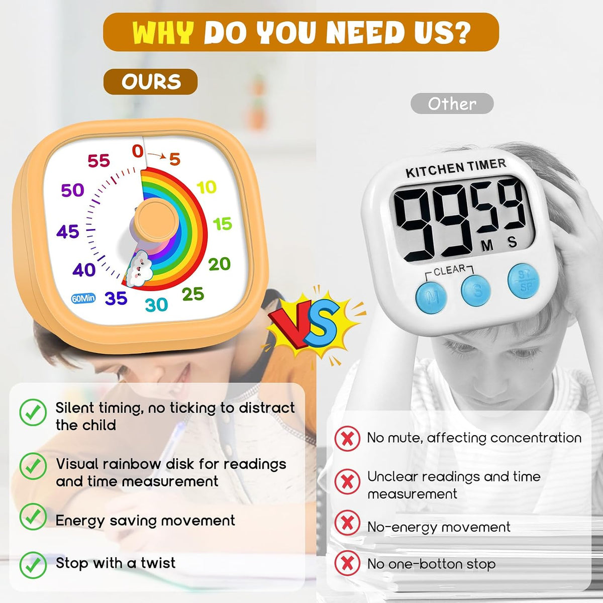 Visual Timer for Kids, 60-Minute Countdown Silent Operation Timer