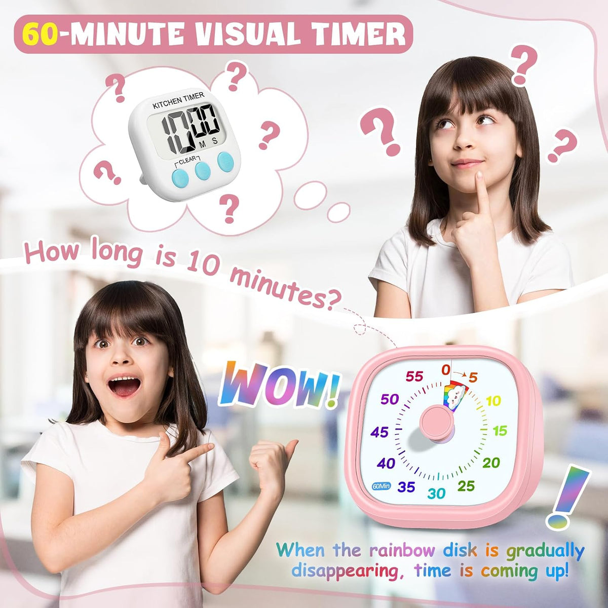 Visual Timer for Kids, 60-Minute Countdown Silent Operation Timer