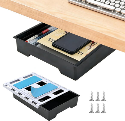 10.91"x 8.23" Under Desk Drawer Storage Organizer, Durable PC Material Self-Adhesive with Slide Out Rail, Hidden Hanging Desk Drawer for Office Supplies, Stationery, No Drilling Install, Black