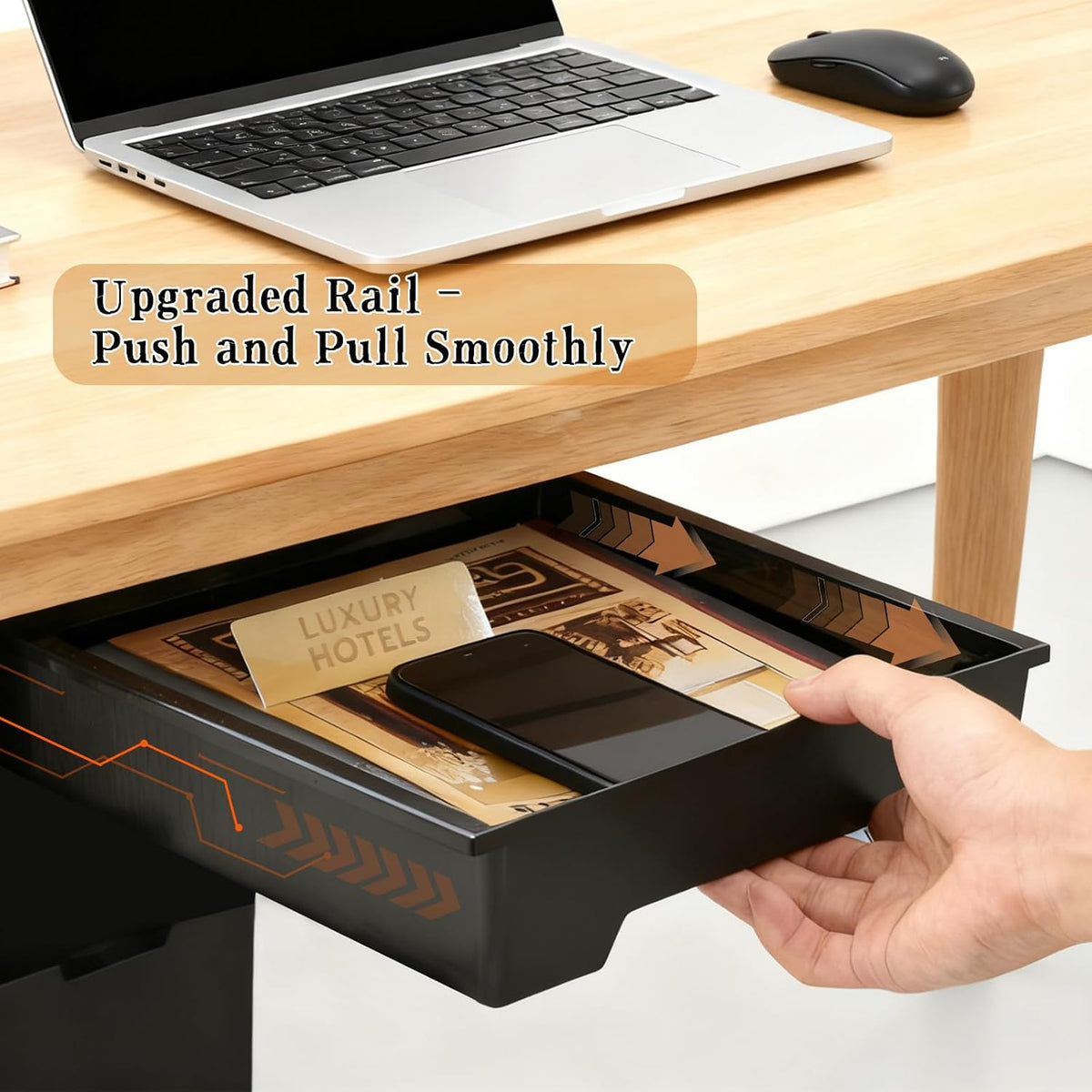 10.91"x 8.23" Under Desk Drawer Storage Organizer, Durable PC Material Self-Adhesive with Slide Out Rail, Hidden Hanging Desk Drawer for Office Supplies, Stationery, No Drilling Install, Black
