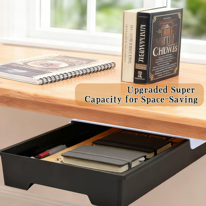 10.91"x 8.23" Under Desk Drawer Storage Organizer, Durable PC Material Self-Adhesive with Slide Out Rail, Hidden Hanging Desk Drawer for Office Supplies, Stationery, No Drilling Install, Black