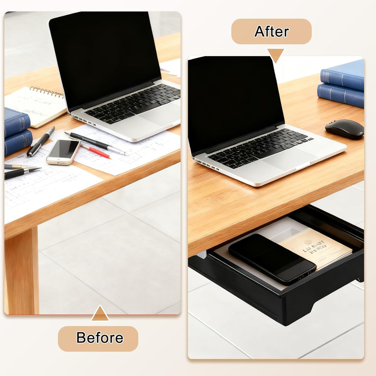 10.91"x 8.23" Under Desk Drawer Storage Organizer, Durable PC Material Self-Adhesive with Slide Out Rail, Hidden Hanging Desk Drawer for Office Supplies, Stationery, No Drilling Install, Black