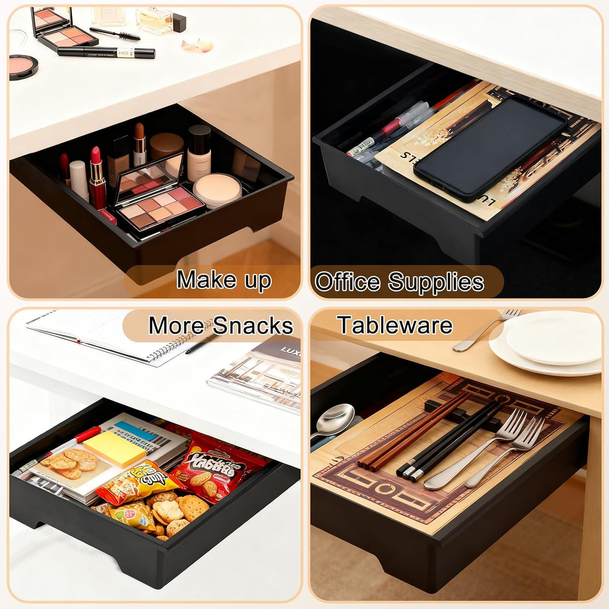 10.91"x 8.23" Under Desk Drawer Storage Organizer, Durable PC Material Self-Adhesive with Slide Out Rail, Hidden Hanging Desk Drawer for Office Supplies, Stationery, No Drilling Install, Black