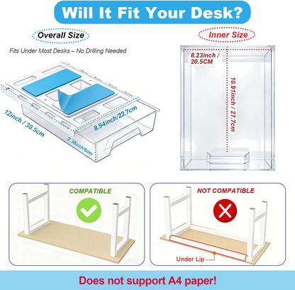 10.91"x 8.23" Under Desk Drawer Storage Organizer, Durable PC Material Self-Adhesive with Slide Out Rail, Hidden Hanging Desk Drawer for Office Supplies, Stationery, No Drilling Install, Black