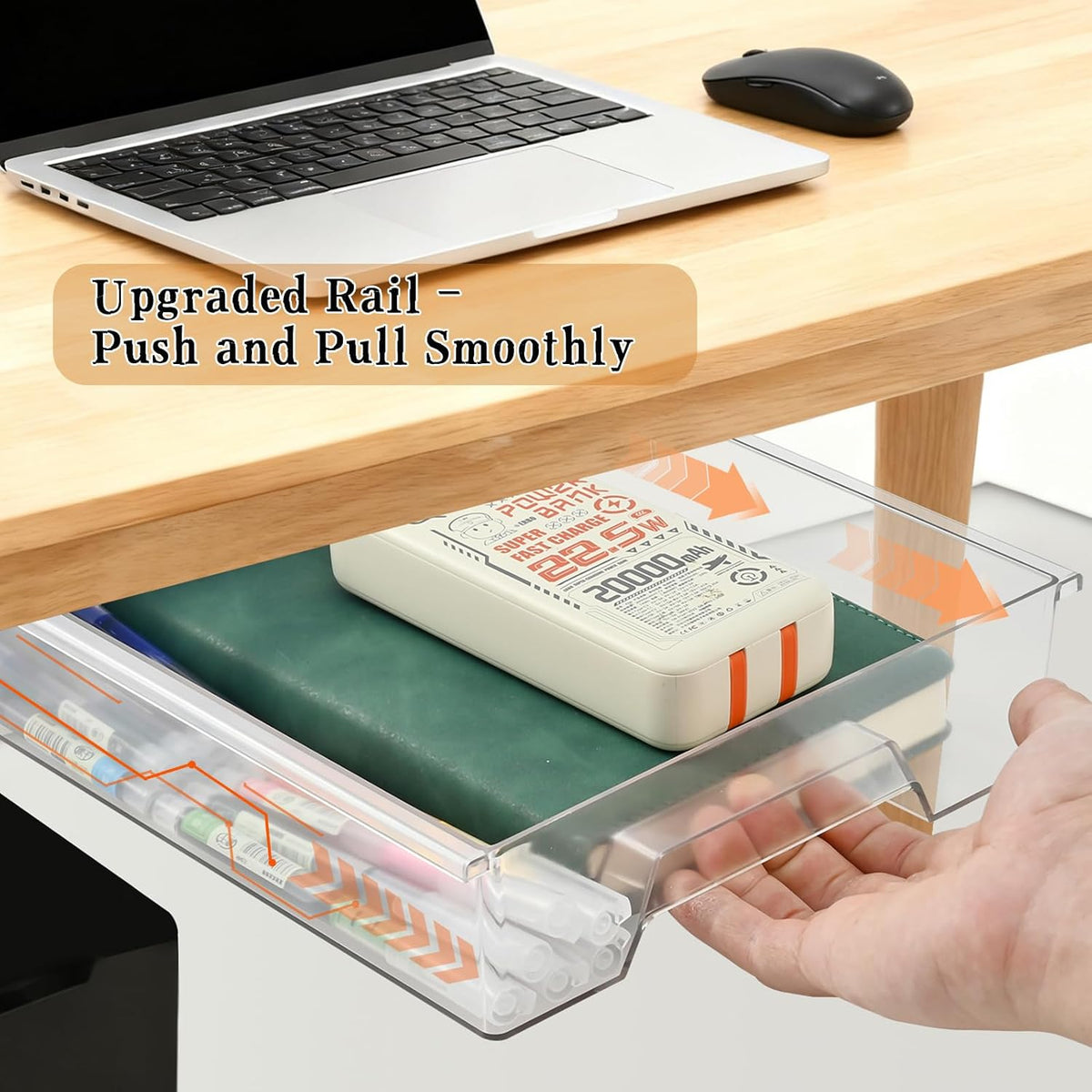 10.91"x 8.23" Under Desk Drawer Storage Organizer, Durable PC Material Self-Adhesive with Slide Out Rail, Hidden Hanging Desk Drawer for Office Supplies, Stationery, No Drilling Install, Black