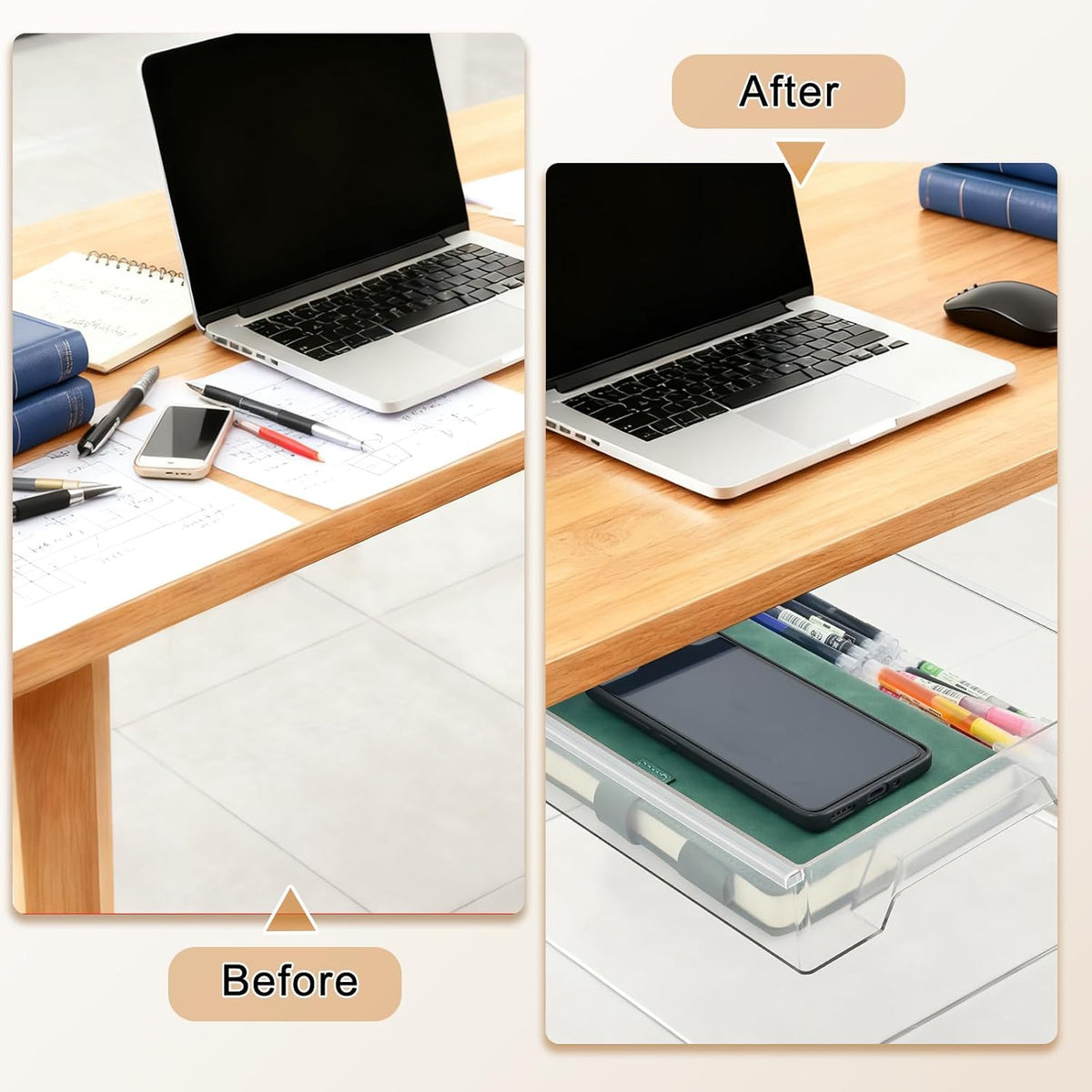 10.91"x 8.23" Under Desk Drawer Storage Organizer, Durable PC Material Self-Adhesive with Slide Out Rail, Hidden Hanging Desk Drawer for Office Supplies, Stationery, No Drilling Install, Black