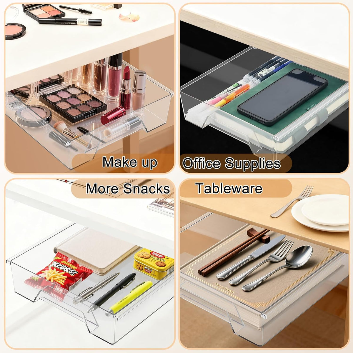 10.91"x 8.23" Under Desk Drawer Storage Organizer, Durable PC Material Self-Adhesive with Slide Out Rail, Hidden Hanging Desk Drawer for Office Supplies, Stationery, No Drilling Install, Black