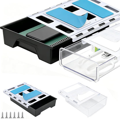 10.91"x 8.23" Under Desk Drawer Storage Organizer, Durable PC Material Self-Adhesive with Slide Out Rail, Hidden Hanging Desk Drawer for Office Supplies, Stationery, No Drilling Install, Black