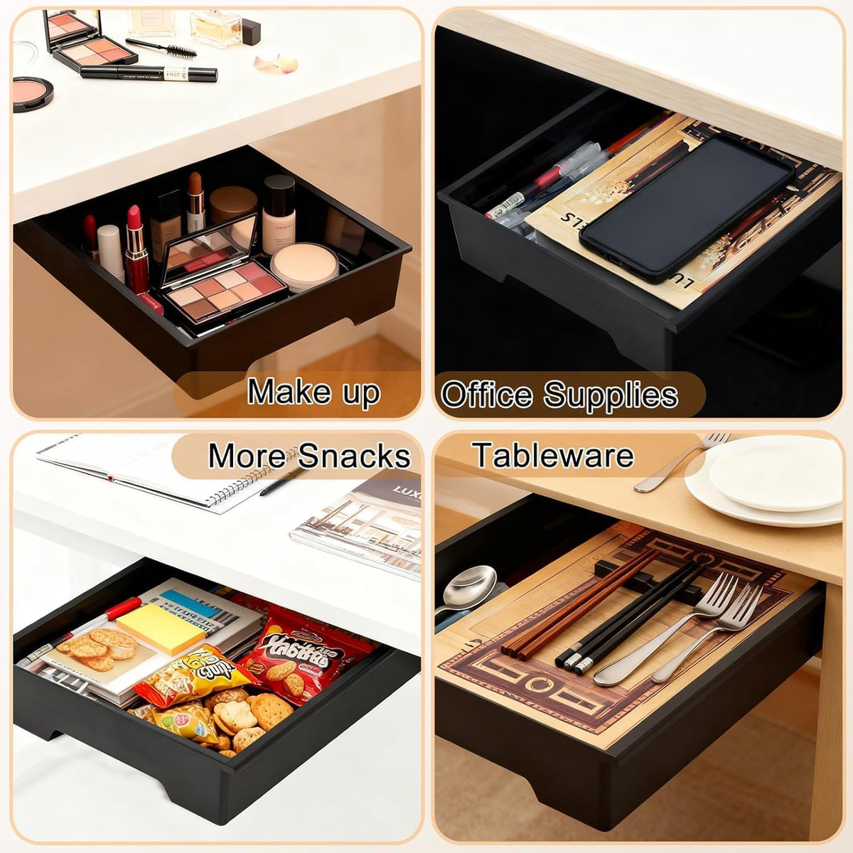 10.91"x 8.23" Under Desk Drawer Storage Organizer, Durable PC Material Self-Adhesive with Slide Out Rail, Hidden Hanging Desk Drawer for Office Supplies, Stationery, No Drilling Install, Black